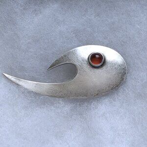Vintage Modernist Designer Signed Sterling Silver Carnelian Eye Fish Pin Brooch